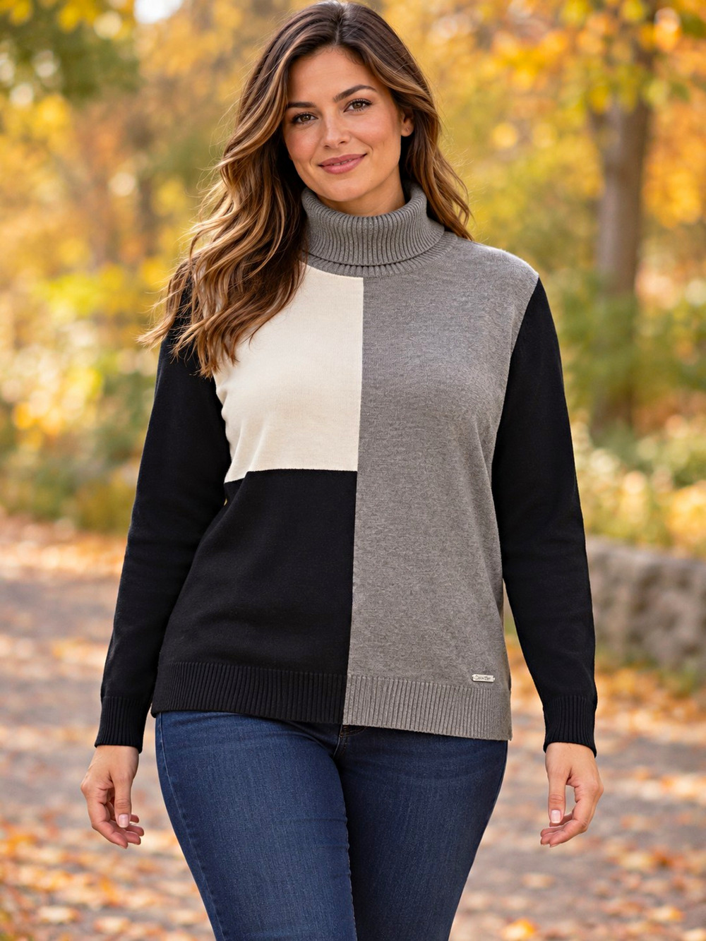 Calvin Klein Sweater Womens XL Colorblock Turtleneck Black Gray Ivory Long Sleev